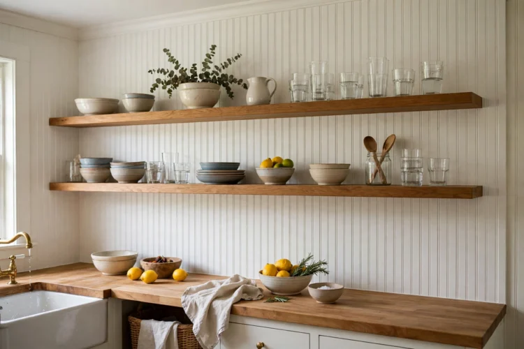 full-height white beadboard backsplash behind floating wood shelves in a cottage kitchen