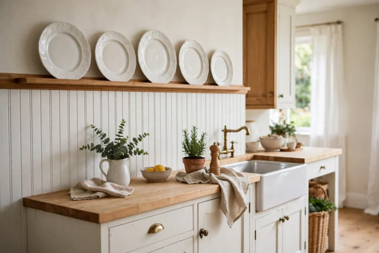 white beadboard backsplash topped with a plate rail holding ironstone plates