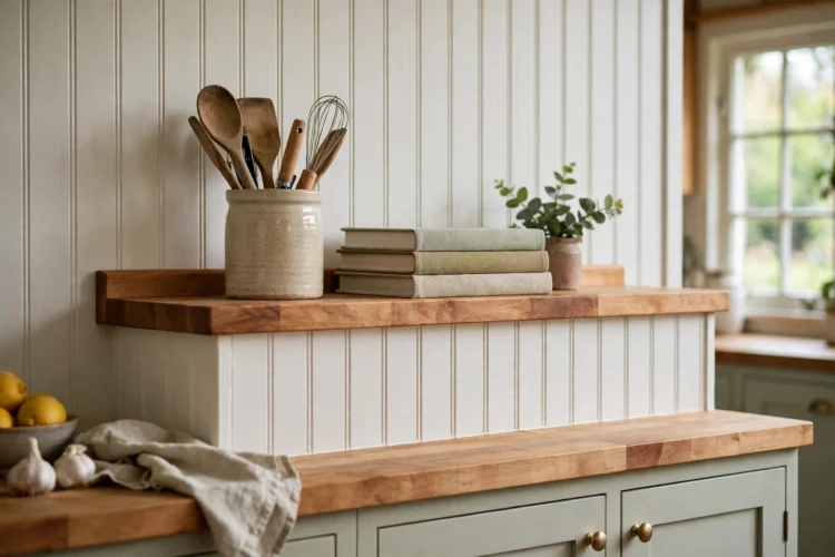 sage green beadboard backsplash with a butcher-block ledge in a cottage kitchen