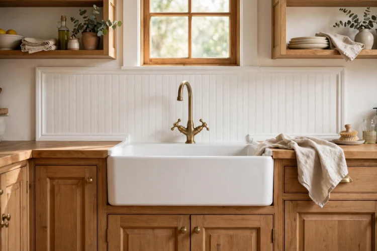 white beadboard backsplash framing a farmhouse sink with sealed trim