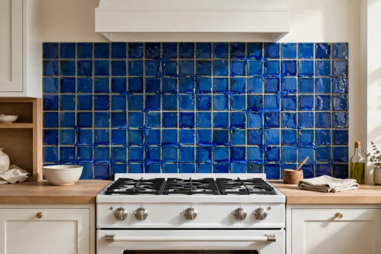 Cobalt blue handmade-look tile backsplash behind a white kitchen range