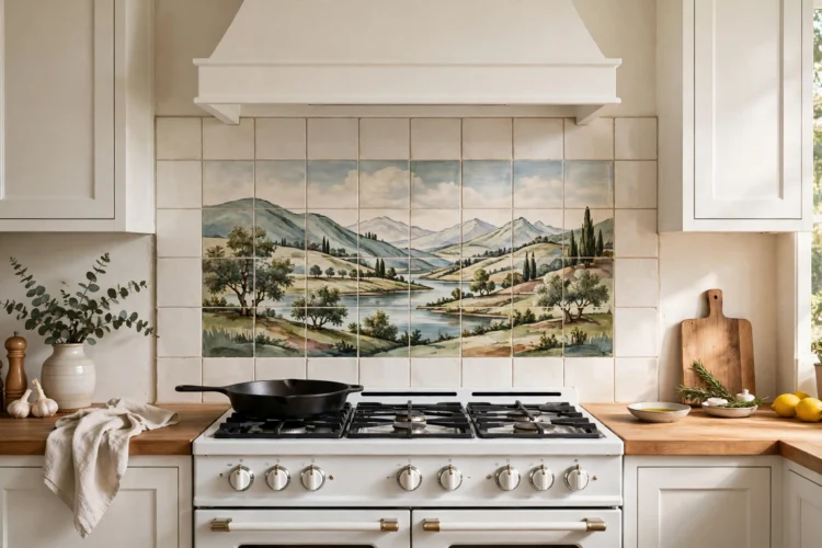 Hand-painted mural tile panel backsplash behind a white range
