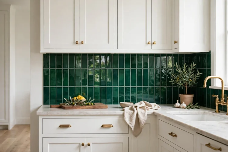 Glossy emerald green subway tile in vertical stack layout