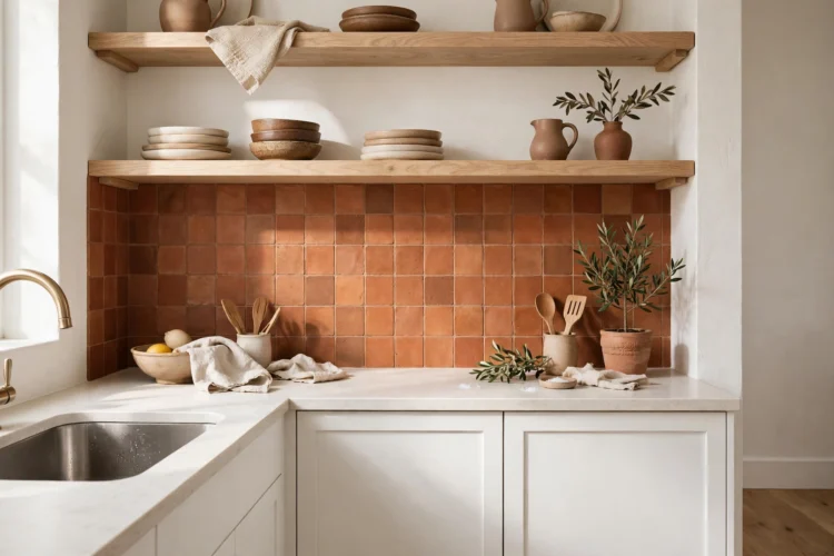 Warm terracotta tile backsplash with white cabinets and oak shelving