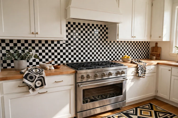 Black and white checkerboard tile backsplash behind a range