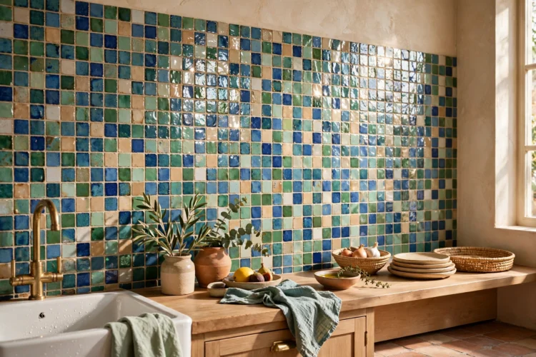 Multicolor Moroccan zellige tile backsplash with uneven glaze
