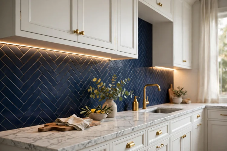 Deep navy herringbone backsplash with brass hardware