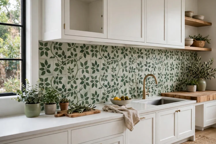 Botanical patterned cement tile backsplash in greens and cream