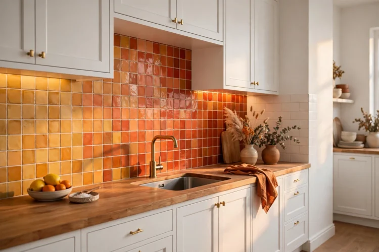 Sunset gradient tile backsplash in orange coral and ochre