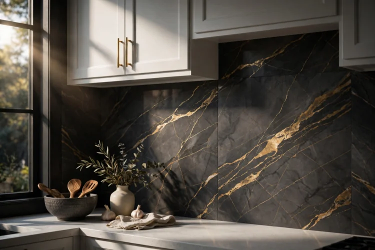 Charcoal tile backsplash with gold metallic veining