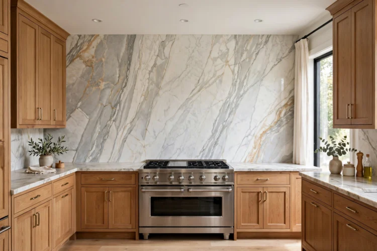 Full-height marble slab backsplash running from counter to ceiling