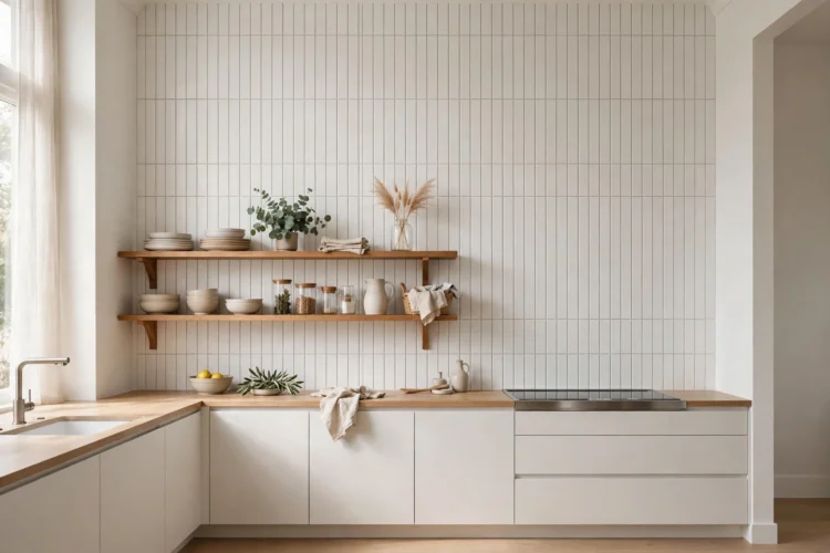 Vertical-stacked white subway tile backsplash to the ceiling
