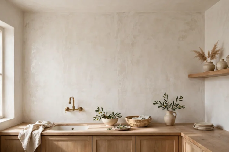 Tadelakt plaster backsplash with hand-troweled texture to ceiling