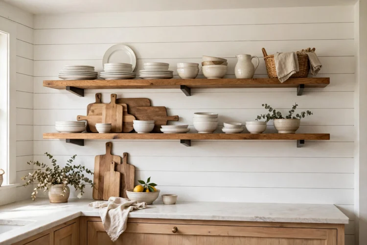 White shiplap backsplash running to ceiling behind open shelves