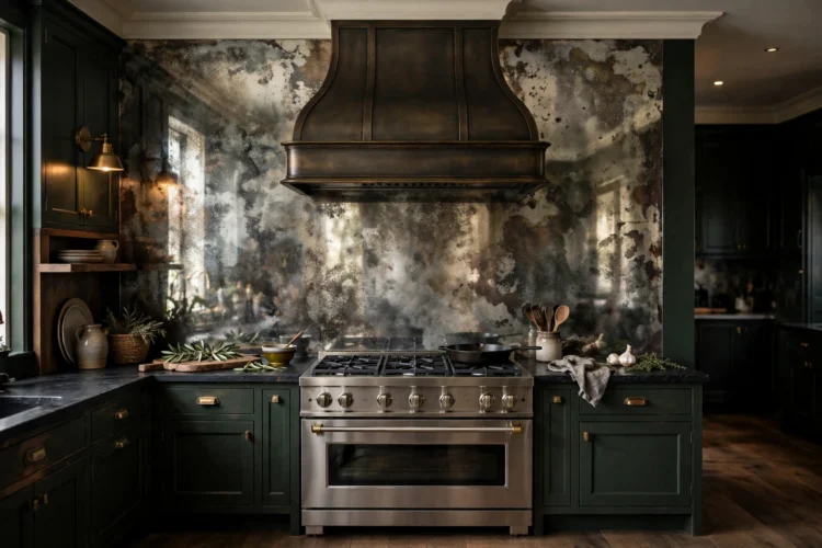 Smoked antiqued mirror backsplash full height behind range