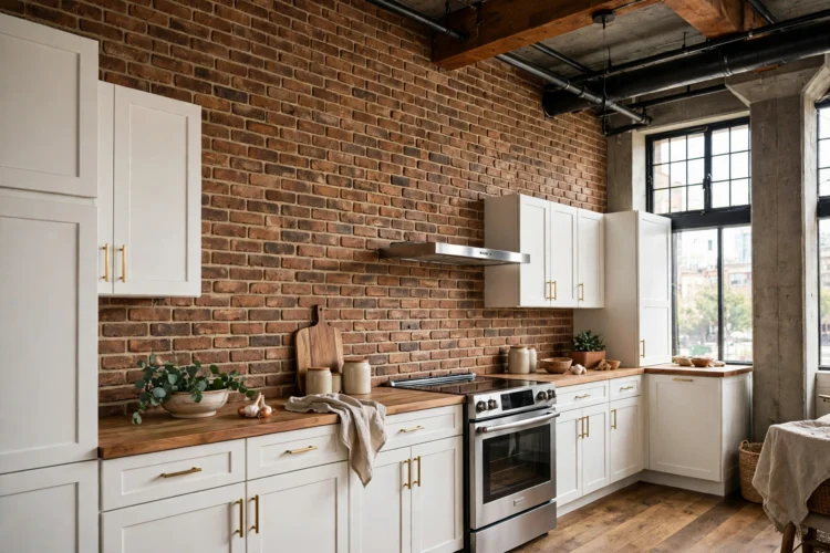 Thin brick veneer backsplash running to the ceiling