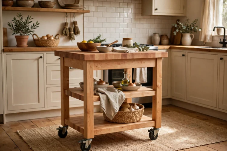Rolling butcher-block cart island on locking casters