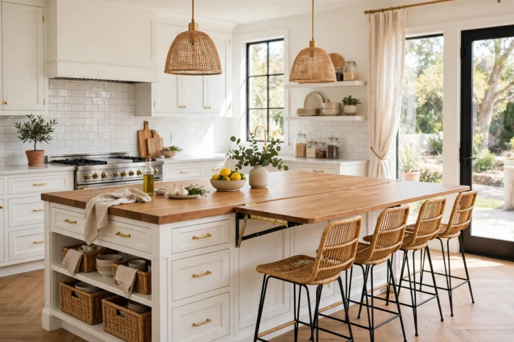 Kitchen island with drop-leaf extension raised for seating