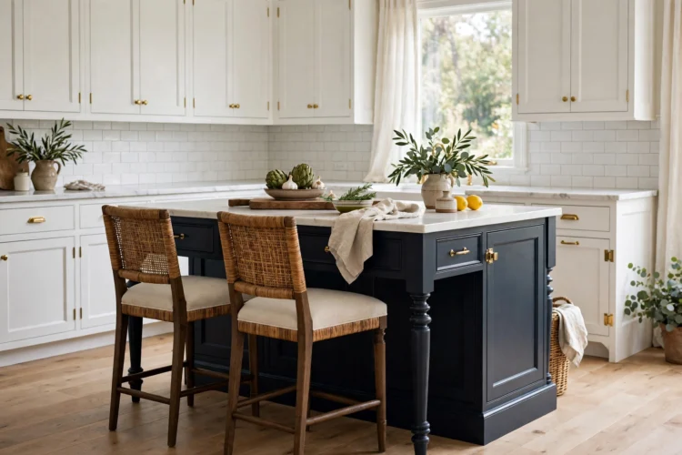 Dark navy painted kitchen island against white cabinets