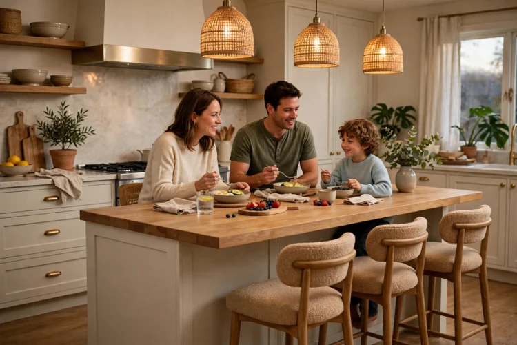 Kitchen island with breakfast-bar overhang and stools