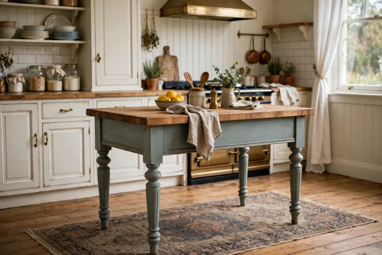 Freestanding furniture-style island with legs and wood top