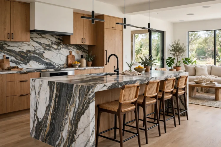 Waterfall-edge marble island as kitchen statement piece