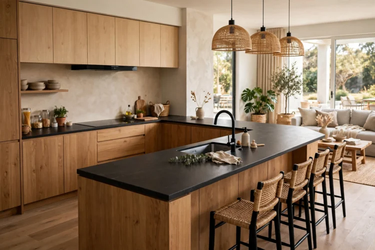L-shaped kitchen island with sink facing the living room