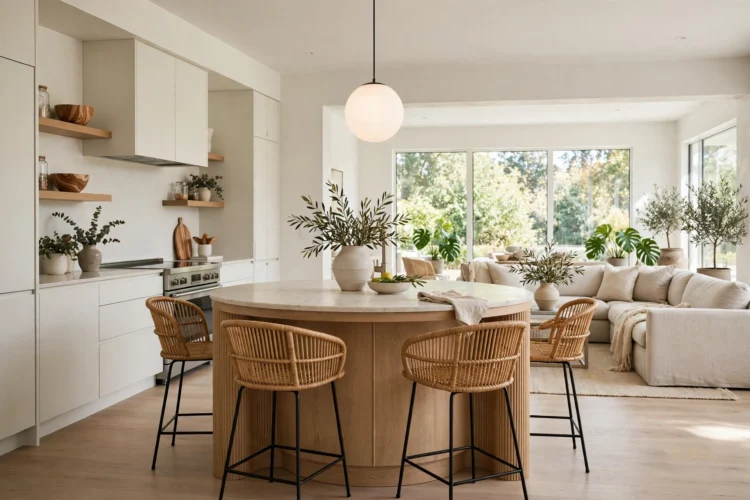 Round kitchen island seating four in open floor plan