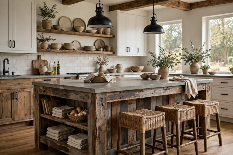 Reclaimed wood farmhouse kitchen island with stone top
