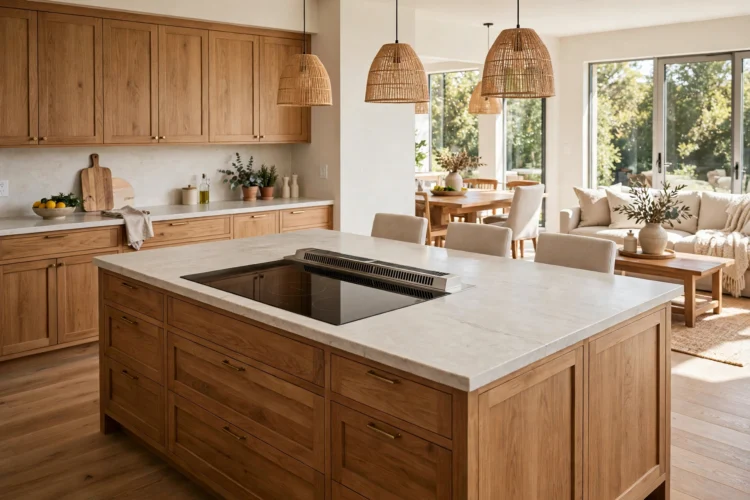 Kitchen island with built-in range and downdraft vent