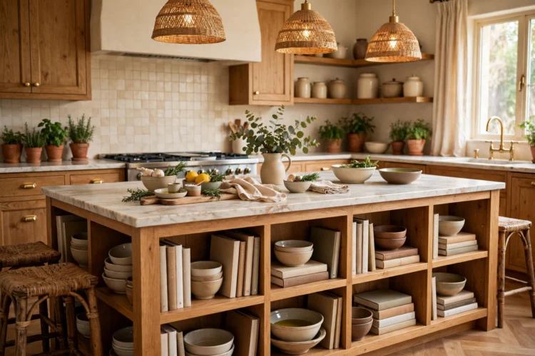 Kitchen island lined with open bookshelves for cookbooks