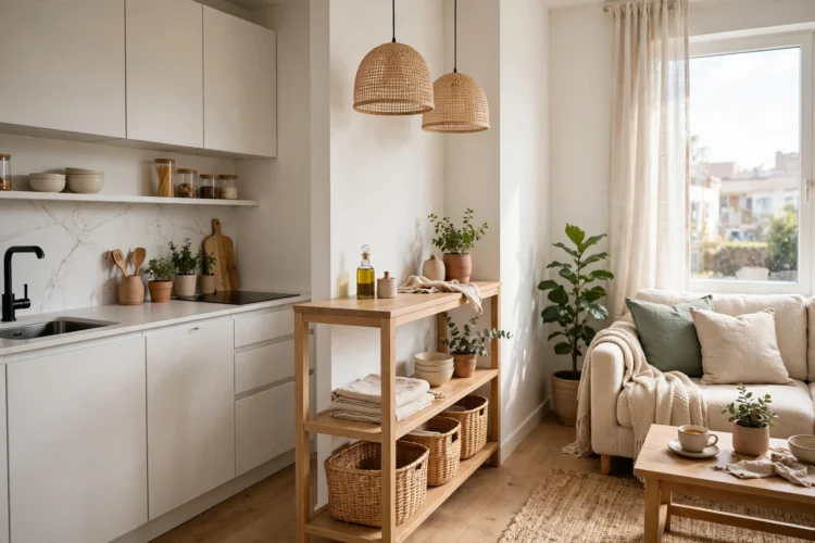 Narrow 18-inch console island dividing a small open kitchen