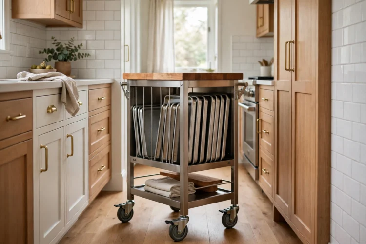 Stainless kitchen cart on locking casters with wood top