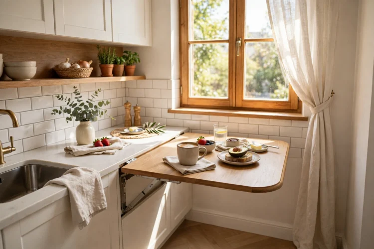 Drop-leaf peninsula table under a kitchen window