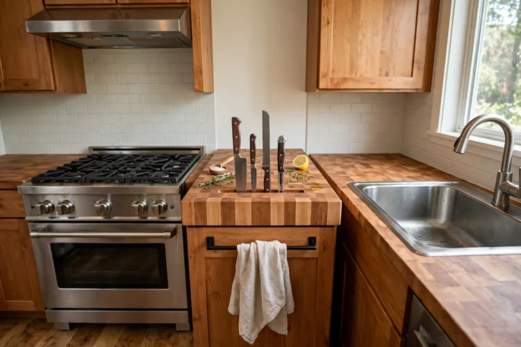 Narrow butcher-block prep station between range and sink
