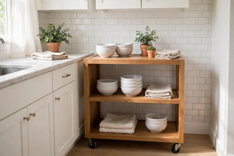 Open-shelf island cart styled with dishes and a plant