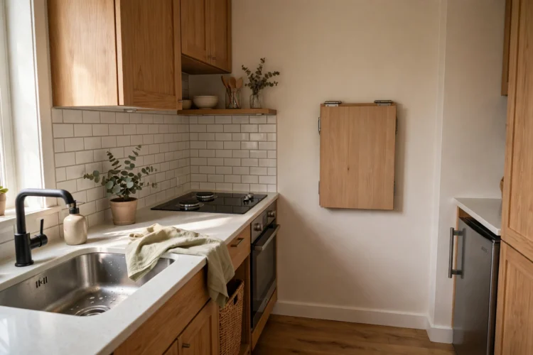 Wall-mounted fold-down table in a tiny kitchen