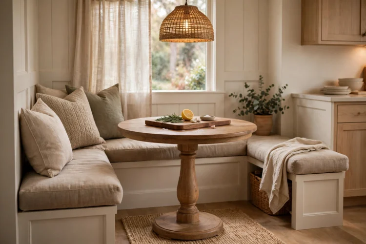 Small round pedestal table used as kitchen island