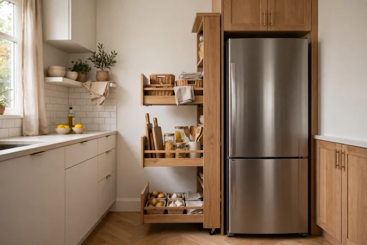 Slim storage-tower island beside a refrigerator