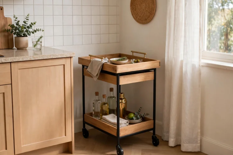 Two-tier rolling kitchen trolley with serving tray top