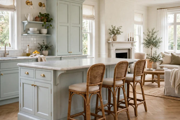 Classic single-sided island overhang with three stools