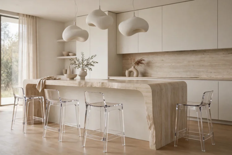 Waterfall-edge island with floating acrylic stools