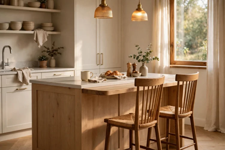 Compact two-stool breakfast ledge at island end