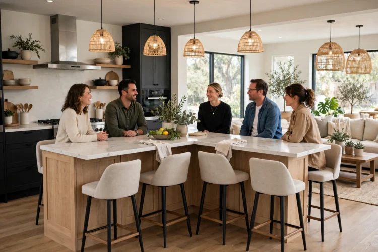 Wrap-around island seating on two sides for a crowd