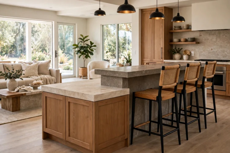 Raised bar-height island counter with tall stools