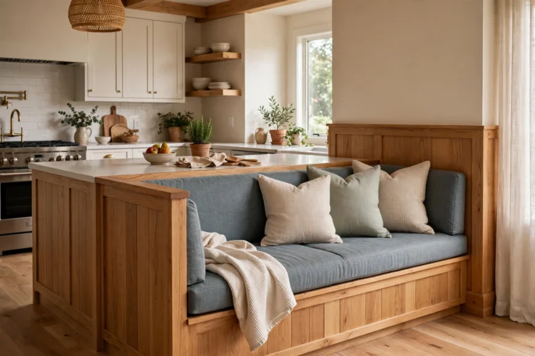 Upholstered banquette bench built into island end