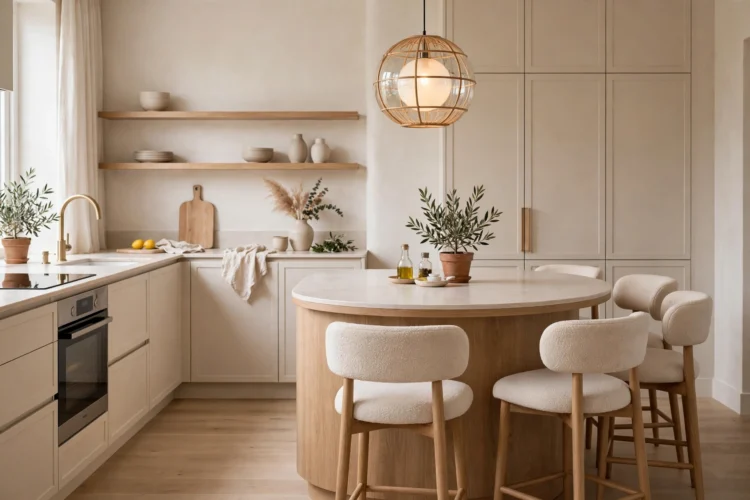 Curved island end with stools wrapped around the corner