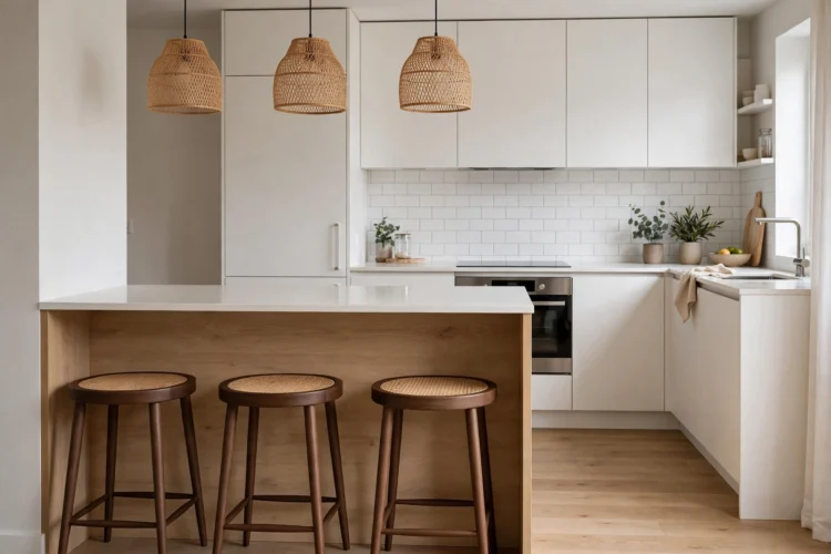 Backless stools tucked fully under island overhang