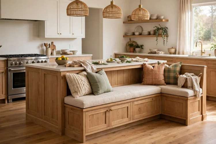 Built-in bench with storage along the back of an island