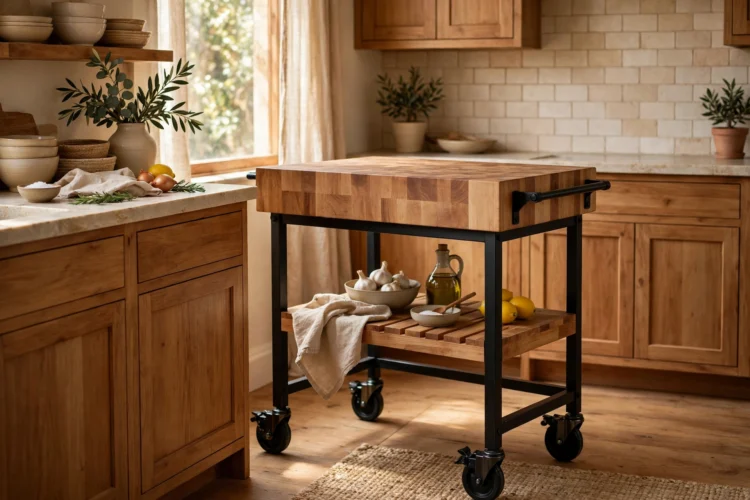 Butcher-block rolling cart with locking casters in a kitchen